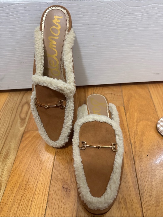 Delman Shoes - Delman Tan Suede Mule with Cream Shearling Trim and Gold Bit